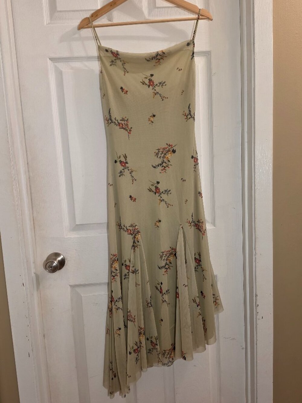 Zara Green Floral Spaghetti Strap Asymmetrical Midi Slip Dress